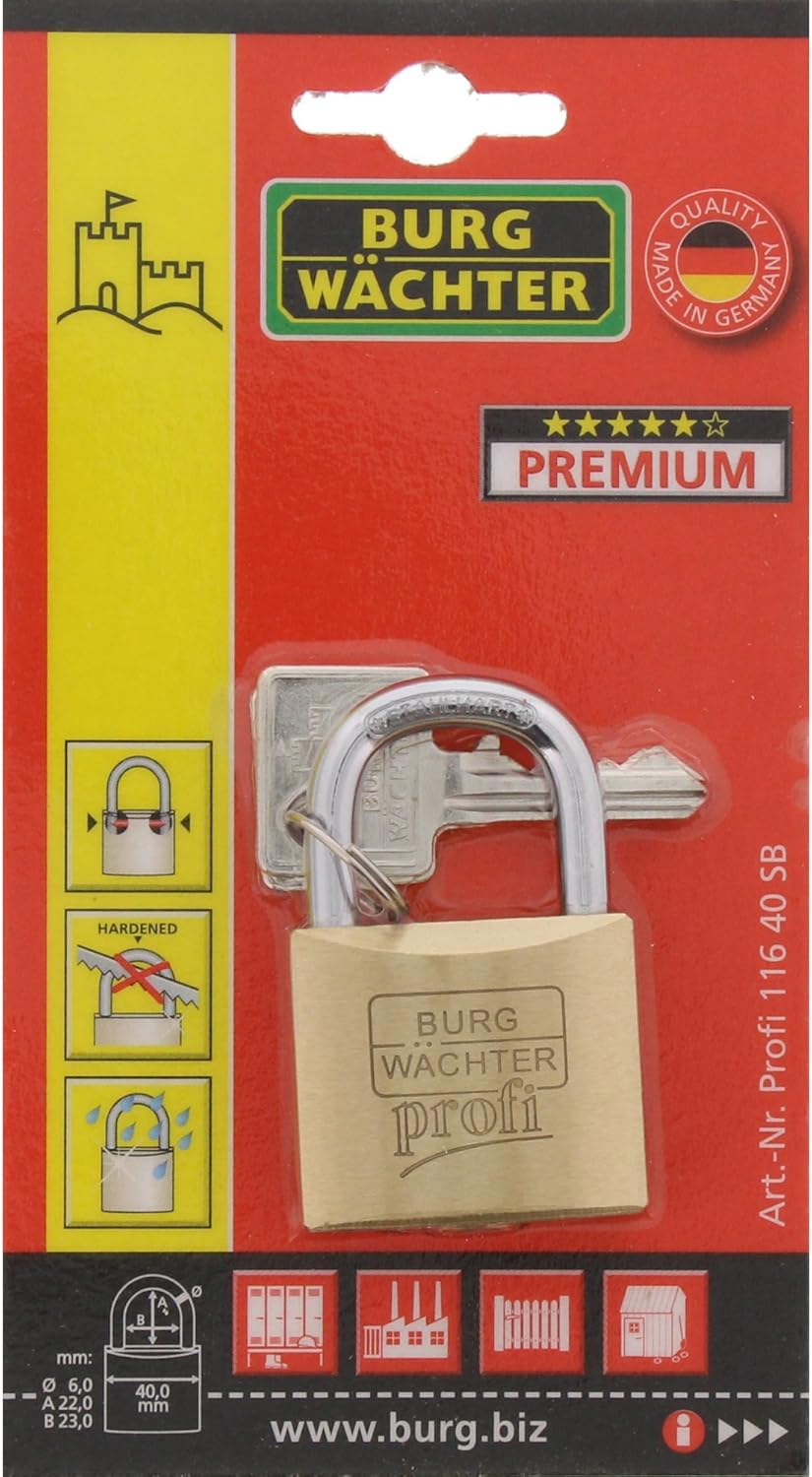 Burg-Wächter Vorhängeschloss, Profi 116 40 SB, Inkl. 2 Schlüssel, Bügelstärke: 6 mm Bügelstärke: 6,0