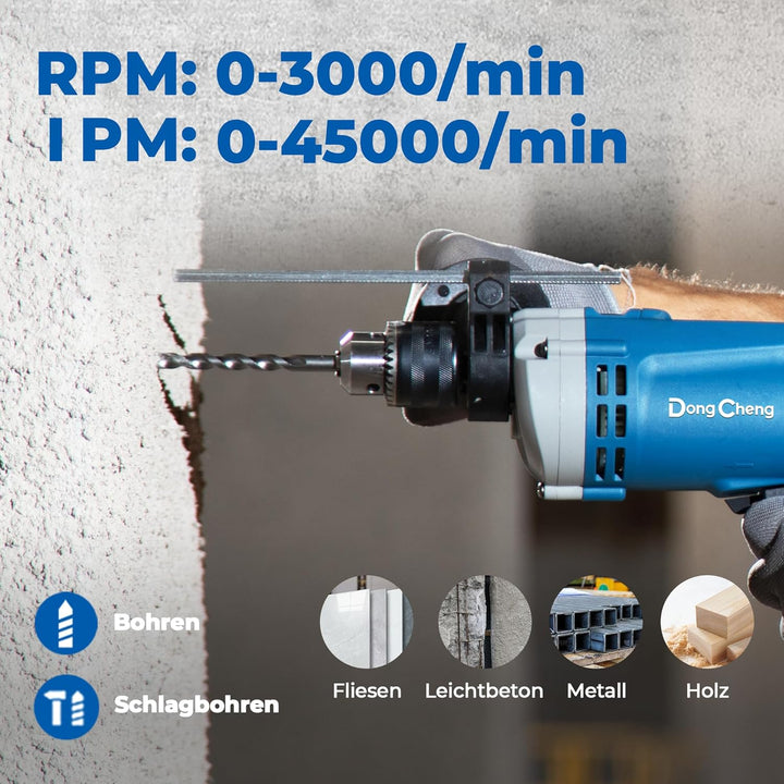 DongCheng Schlagbohrmaschine Bohrhammer 710W,13 mm Bohrfutter Schlagbohrer 45,000 IPM, 3000 RPM mit