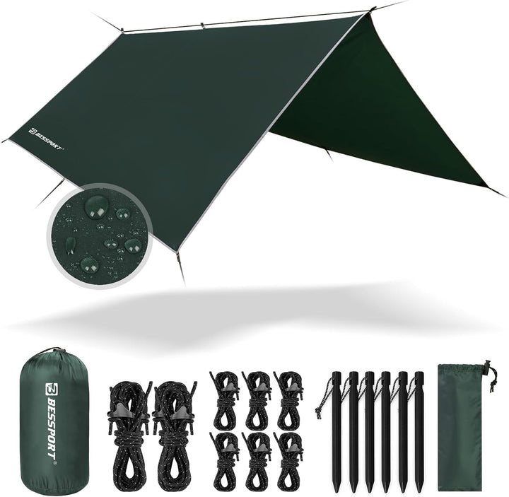 Bessport Zeltplane, Camping Zelt Tarp 3m x 3m/3m x 4m Wasserdicht PU3000 mm Tarp für Hängematte, mit
