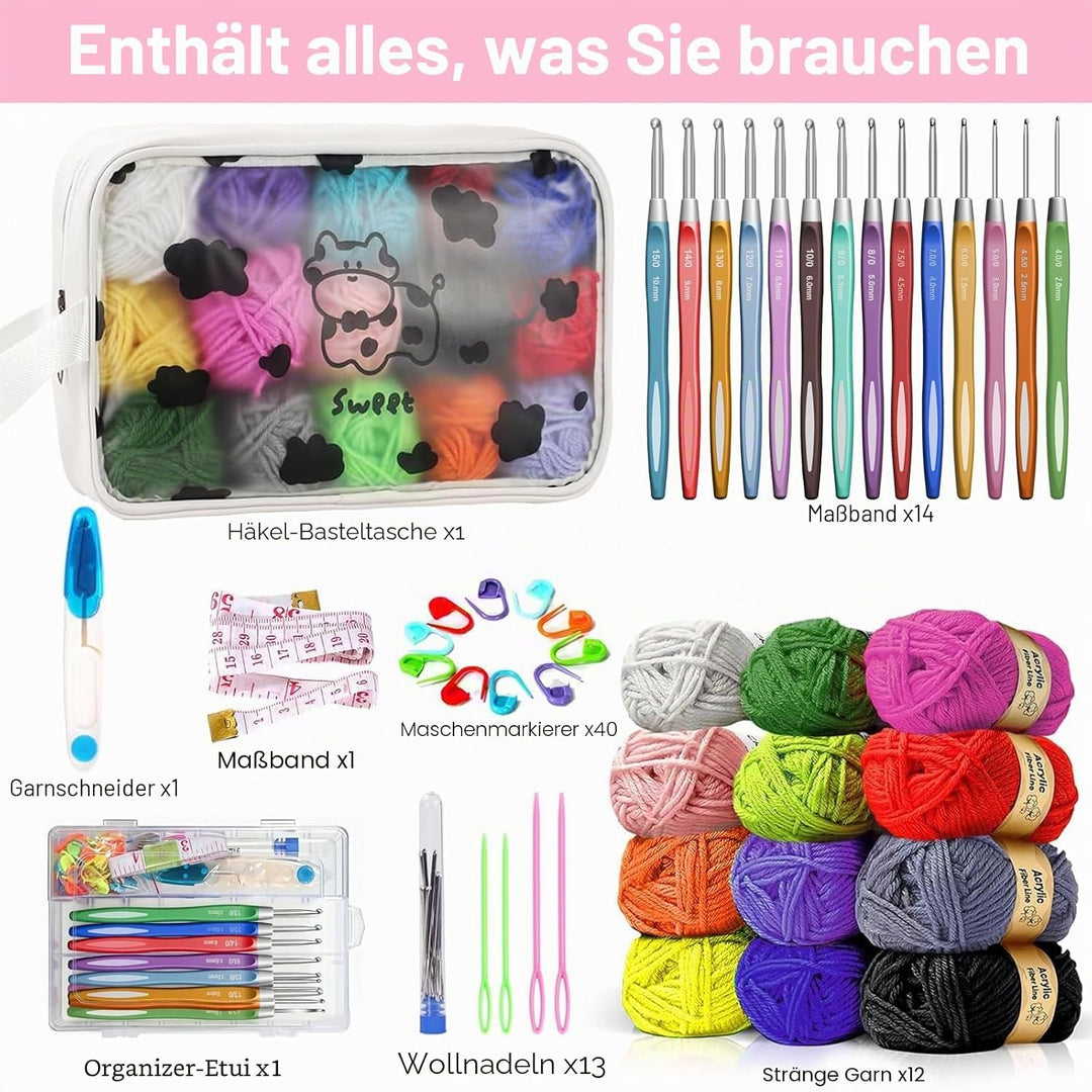 7CDXD Häkelset, Häkelset Set für Anfänger, Strickset enthält 12 Spulen Häkelgarn, 14 Häkelnadeln, 4