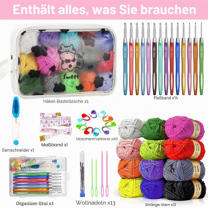 7CDXD Häkelset, Häkelset Set für Anfänger, Strickset enthält 12 Spulen Häkelgarn, 14 Häkelnadeln, 4