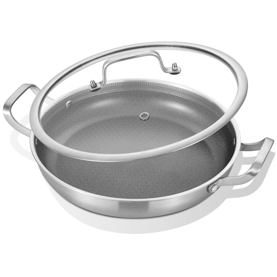 Inqibee dreischichtige Edelstahl-Paellapfanne 32 cm mit Deckel – Antihaft | 280°C Hitzebest | PFOA-f