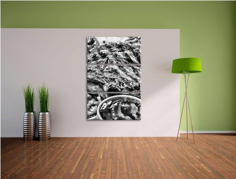 Pixxprint Monocrome, Gegrilltes Steak 3-Teiler Leinwandbild 120x80 Bild auf Leinwand
