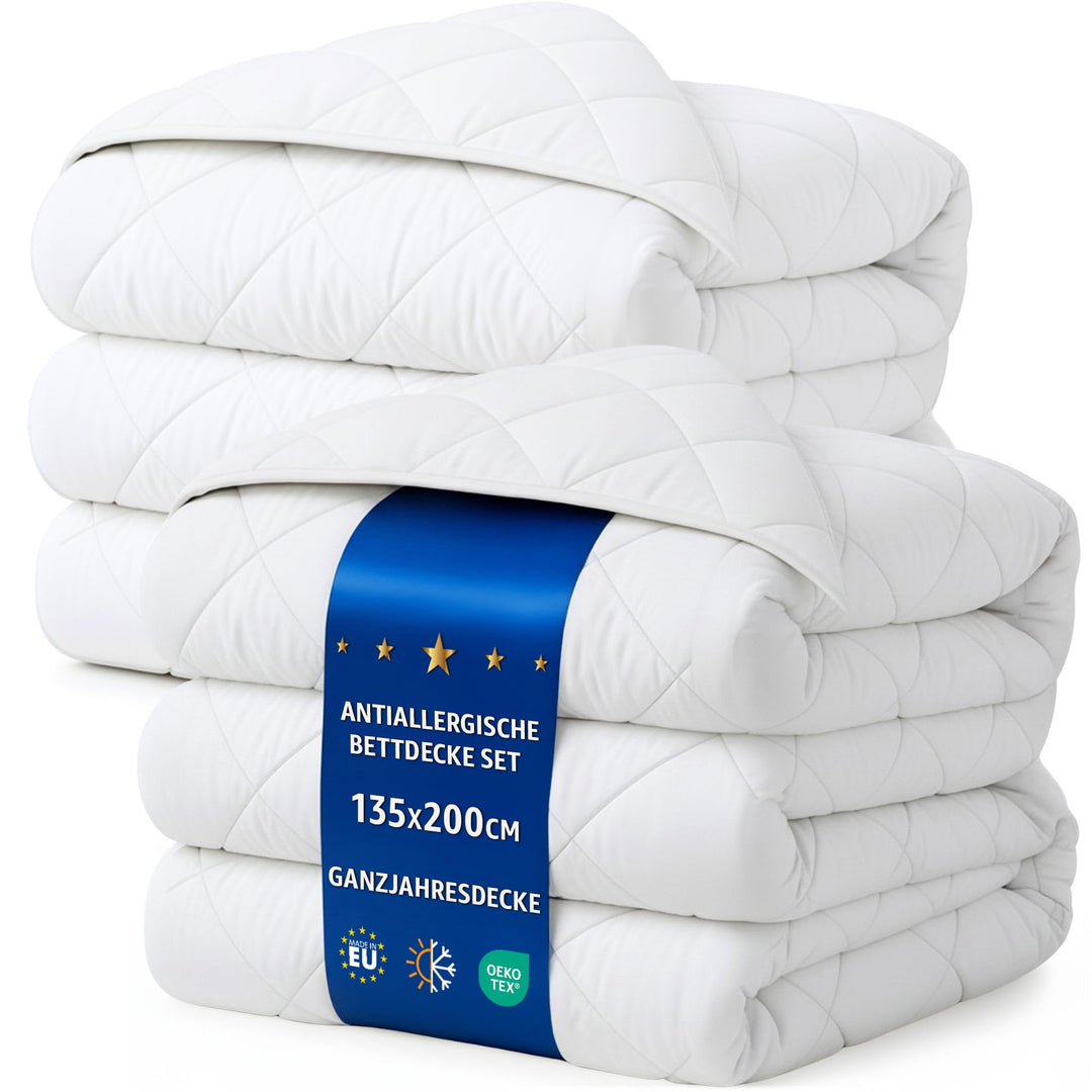 Bettdecke Ganzjahresdecke Steppdecke 135 x 200 cm - Schlafdecke warm Steppbettdecke Duvet weiss Set: