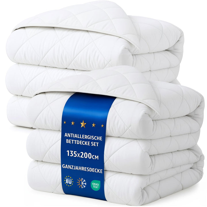 Bettdecke Ganzjahresdecke Steppdecke 135 x 200 cm - Schlafdecke warm Steppbettdecke Duvet weiss Set: