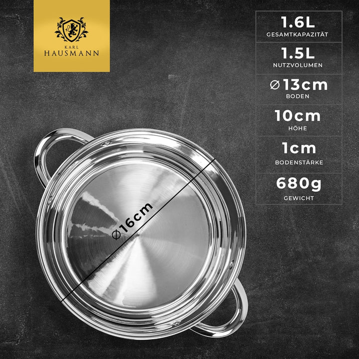 Edelstahl Topf - 1.6L - Ø 16 cm - Kochtopf Induktion für alle Herdarten Geeignet - Edelstahltopf mit