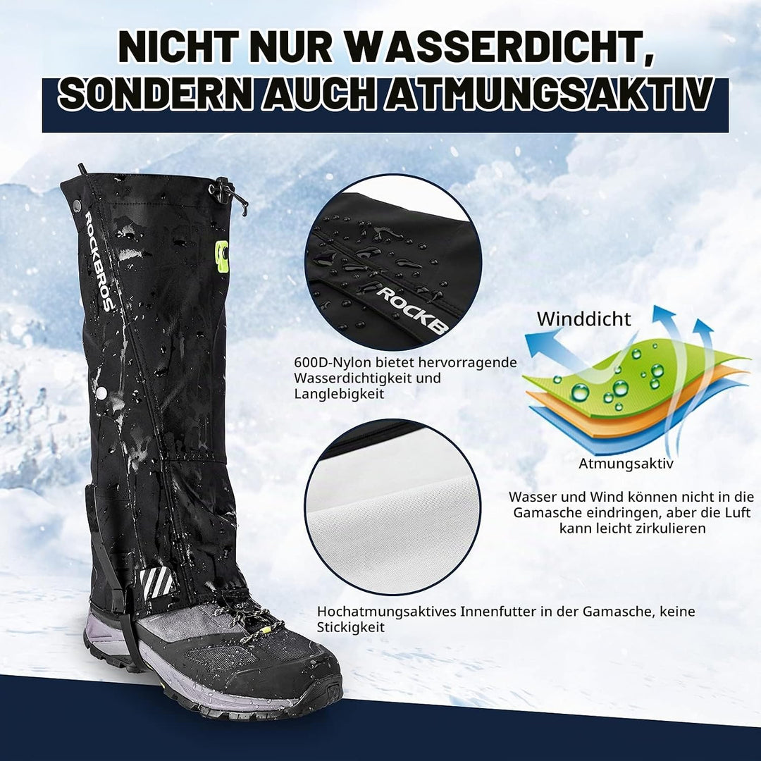 ROCKBROS Gamaschen Wasserdicht Warm Regengamaschen Schnee Gaiters zum Outdoor Wandern, Schneewandern