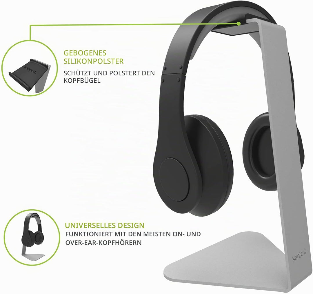 Kanto H1S Universal Headphone Stand with Curved Silicone Padding | Silver, Silver