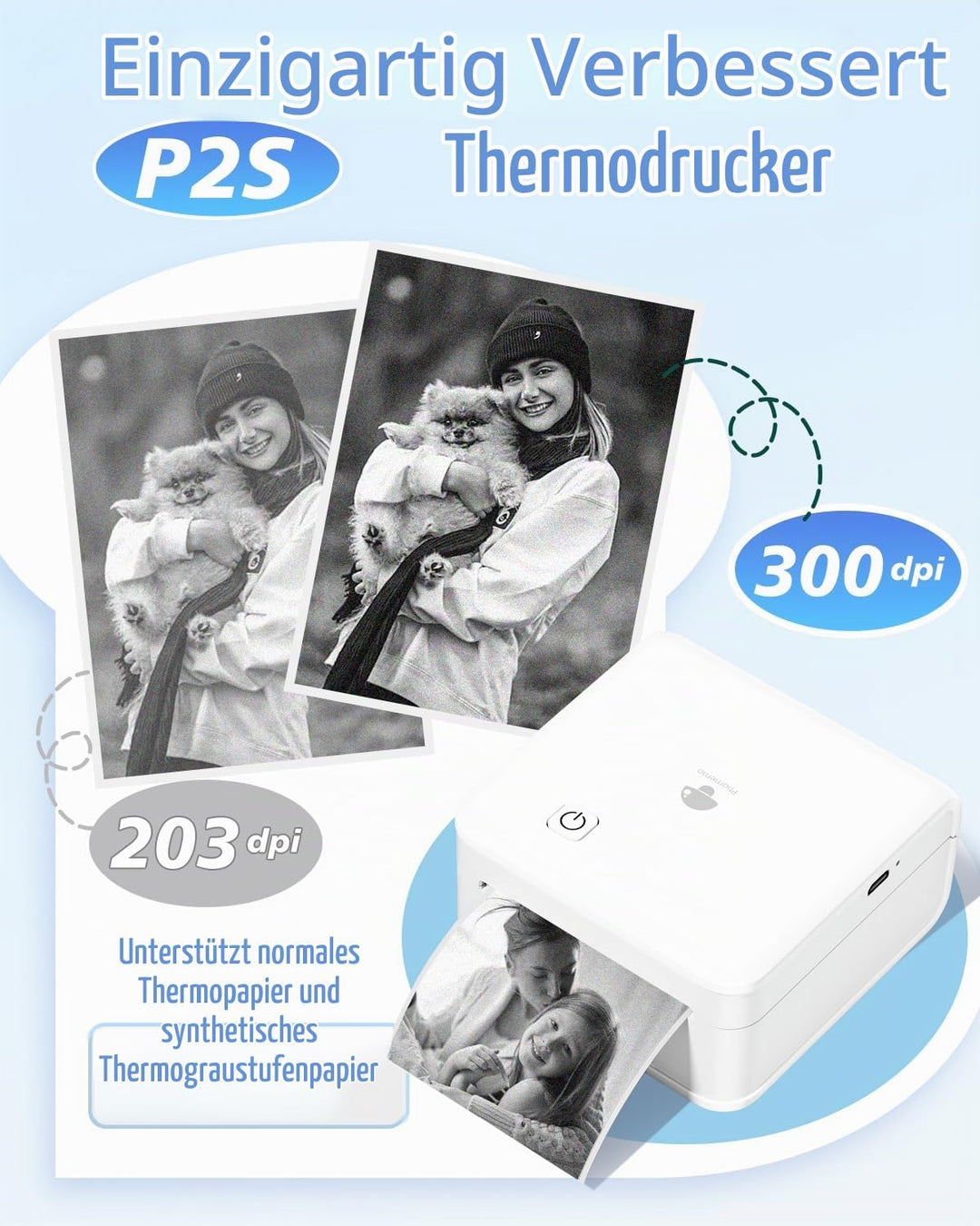 Phomemo Mini Drucker für Smartphone, Aufgerüstet 300 DPI Mini Thermodrucker P2S Sofortbilddrucker fü