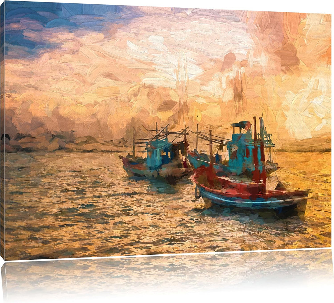 Pixxprint thailändische Fischerboote im Meer Kunst Pinsel Effekt, Format: 100x70 auf Leinwand, XXL r