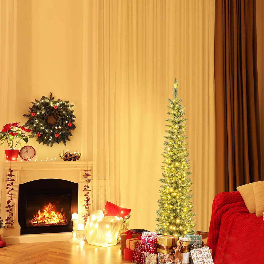 COSTWAY 150 cm Künstlicher Weihnachtsbaum mit Beleuchtung, Bleistift Tannenbaum mit 150 warmweissen