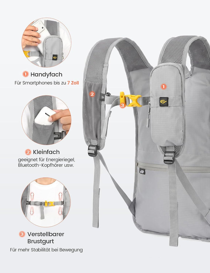 SKYSPER Faltbarer Rucksack 18L, Wanderrucksack Klein mit Brustgurt Hellgrau, Hellgrau