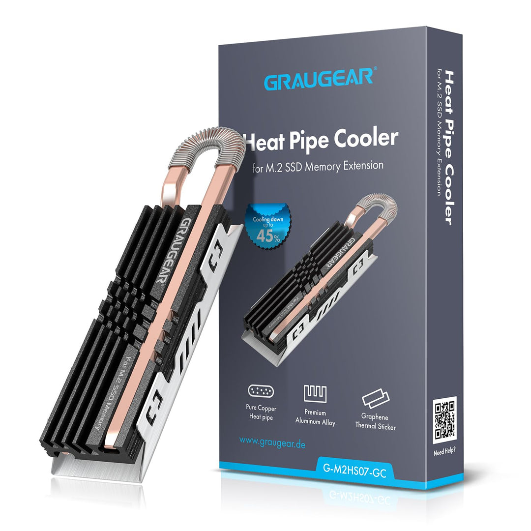 GRAUGEAR HeatPipe-Kühlkörper für M.2 NVMe SSD (2280), für PC, Computer Speichererweiterung, mit Ther