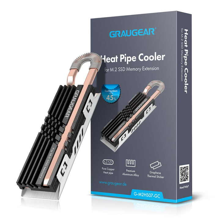 GRAUGEAR HeatPipe-Kühlkörper für M.2 NVMe SSD (2280), für PC, Computer Speichererweiterung, mit Ther