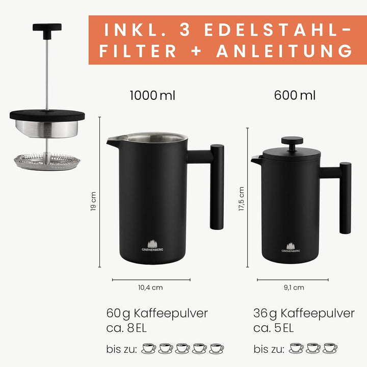 Groenenberg French Press Black 600 ml o. 1 Liter I Hochwertige Kaffeepresse mit Thermo Warmhalte-Fun