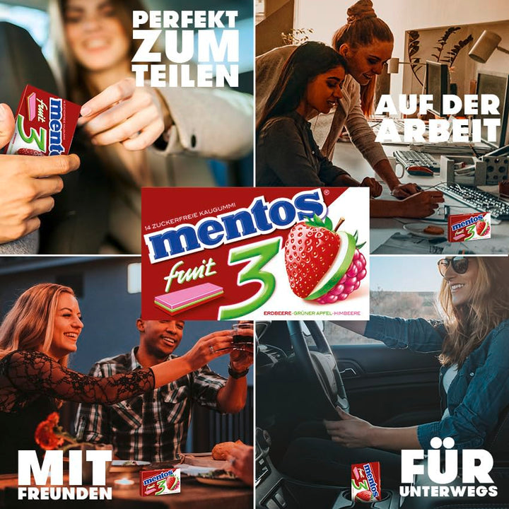 Mentos Kaugummi Fruity Fresh Erdbeere - Grüner Apfel - Himbeere, zuckerfreie Chewing Gum Dragees mit