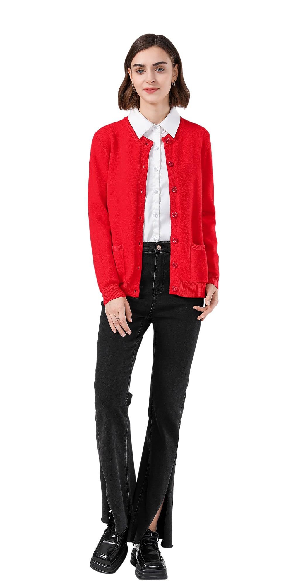 SMILING PINKER Damen Strickjacke Langarm Cardigan Warm Rundhals Strickweste Jacke mit Knopfleiste un