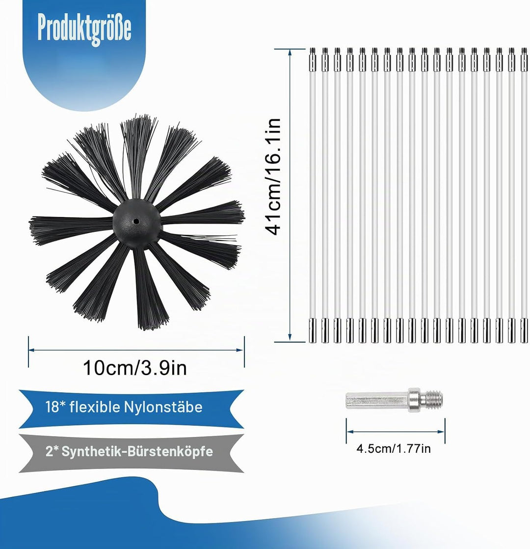 Kaminbürstenstangen-Set, Durchmesser 100mm, Kaminbürste enthält 18 Stäbe 410 mm und 2 Bürstenköpfe,