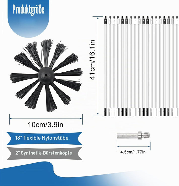 Kaminbürstenstangen-Set, Durchmesser 100mm, Kaminbürste enthält 18 Stäbe 410 mm und 2 Bürstenköpfe,