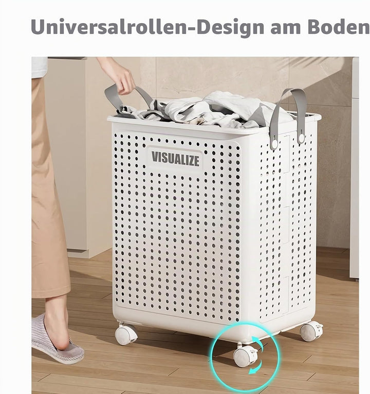 Siyecioa Wäschekorb Plastik Faltbare, Wäschesammler, 60L Laundry Baskets mit Rollen, Wäschebox für W