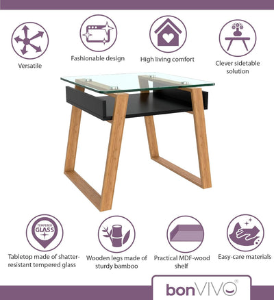 bonVIVO Beistelltisch schwarz mit Glas Holz Materialmix - Couchtisch, Sideboard, Wohnzimmertisch - M