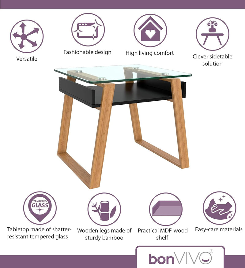 bonVIVO Beistelltisch schwarz mit Glas Holz Materialmix - Couchtisch, Sideboard, Wohnzimmertisch - M