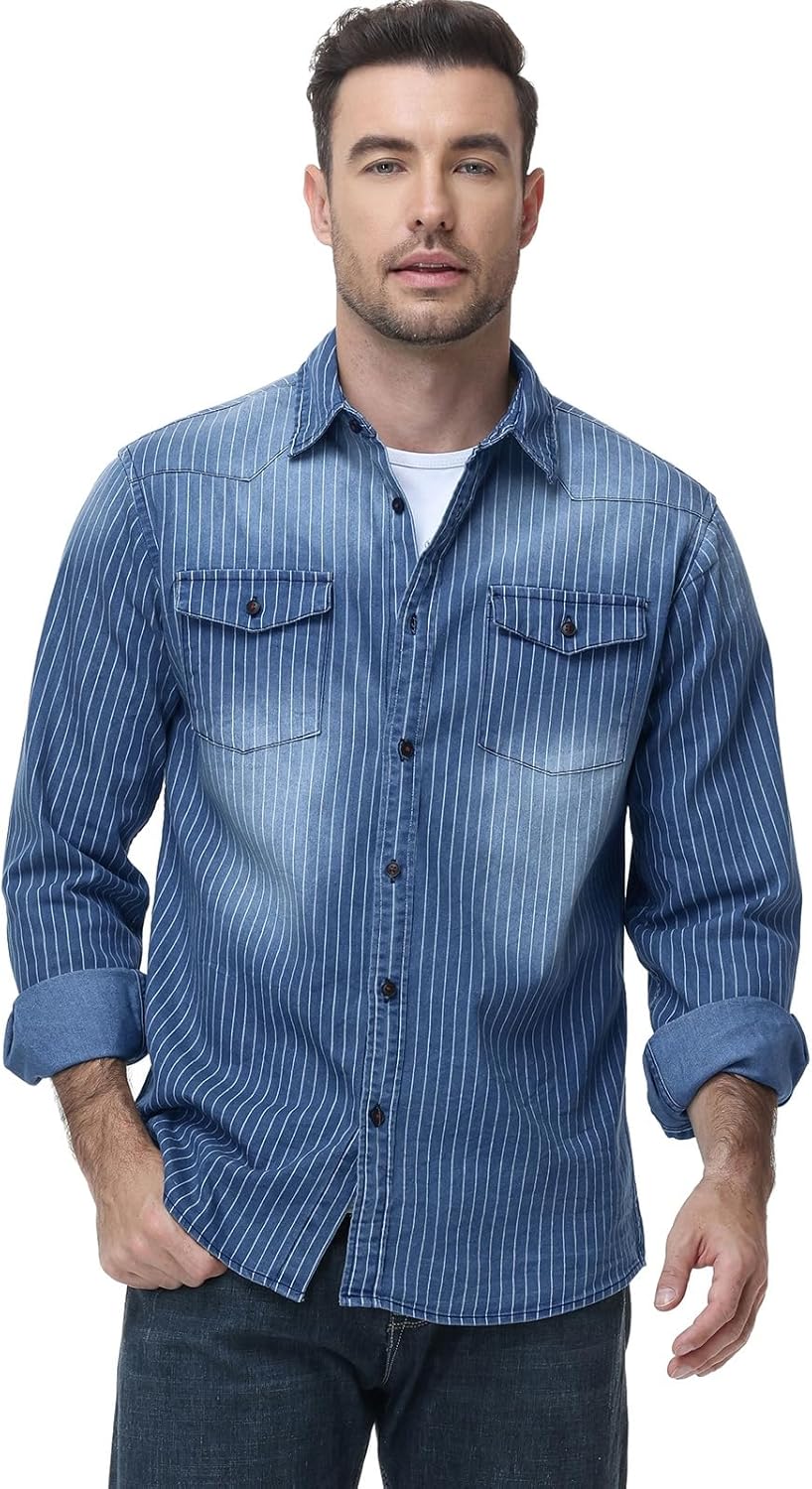 HOTIAN Herren Hemden, Herren Denim Shirt Langarmhemd,Freizeithemd Regular Businesshemd,Slim-Fit-Herr