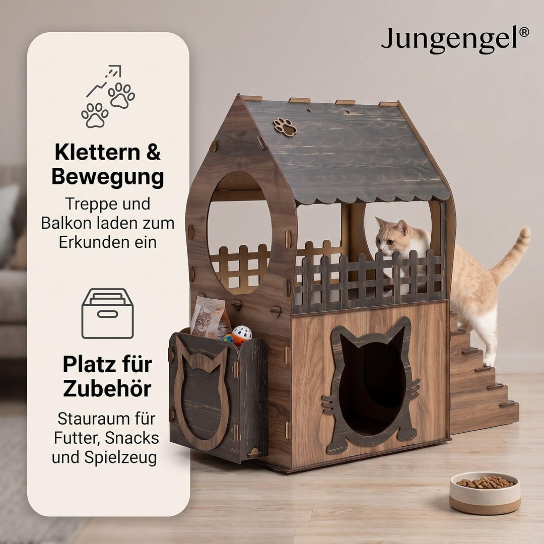 Zweistöckiges MDF Katzenhaus – Braun &amp; Dunkelbraun – Werkzeugloser Aufbau – Grössen XL, XXL, 3XL (Br