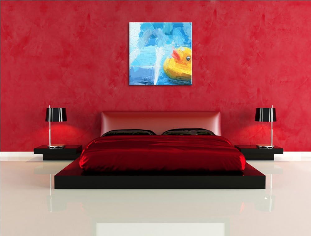 Quietsche Ente im Wasser, Format: 70x70 auf Leinwand, XXL riesige Bilder fertig gerahmt mit Keilrahm