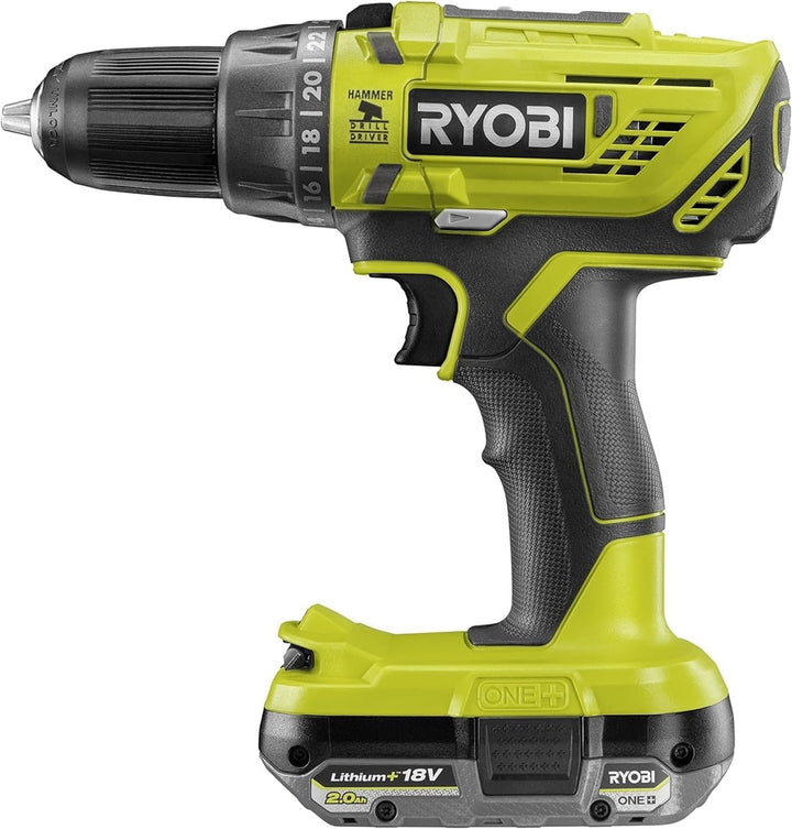 RYOBI 18 V ONE+ Akku-Schlagbohrschrauber R18PD32-1C20G (2-Gang-Getriebe, Drehmoment 50Nm, Drehmoment