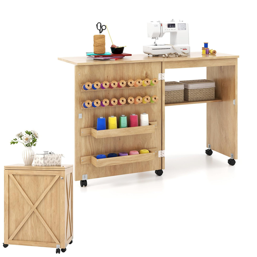 LIFEZEAL Nähmaschinenschrank klappbar, Nähschrank 2 in 1, Schreibtisch Holz mit Haken, Ablage &amp; Roll