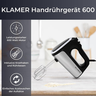 KLAMER Handrührgerät, 600 Watt Handrührer mit Turbostufe, 5 Stufen Handmixer mit Schneebesen und Kne