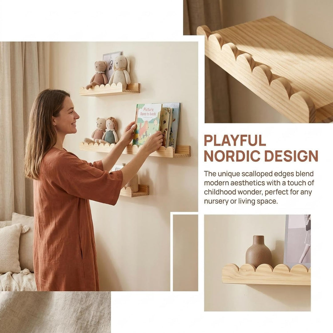 Wandregal Kinderzimmer 3er-Set Massivholz, Montessori Schwebregal 40cm mit sanften Rundungen, Bücher