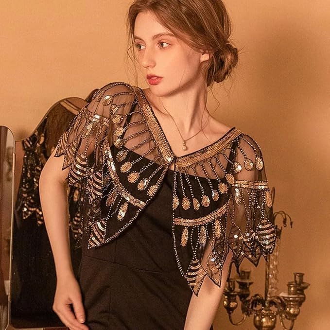 Damen Abend Glitzerschal 1920er Kleid Vintage Cape Elegante Stickerei Netz-Kurzarmpullover Modische