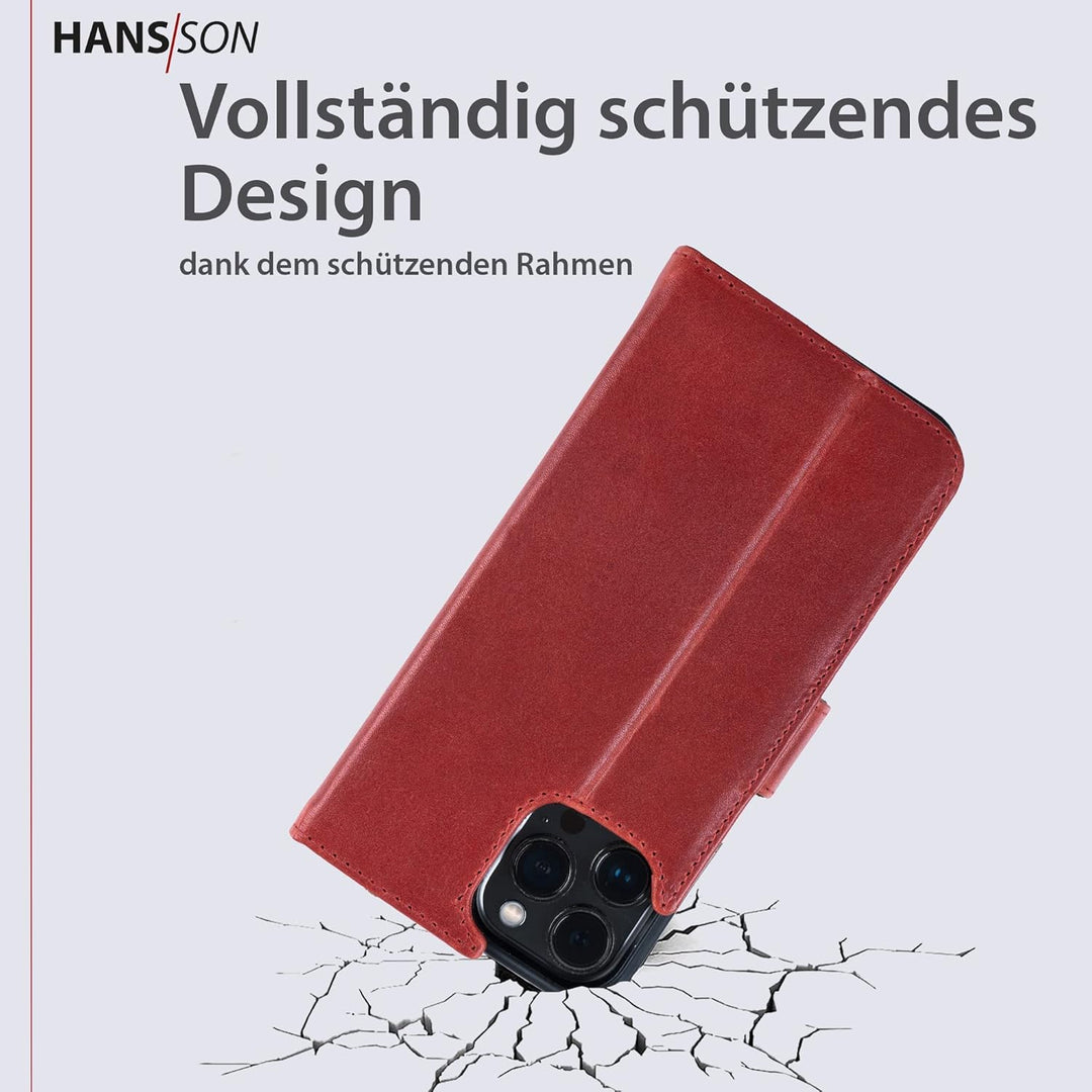 HANS/SON Hülle aus Echtleder mit Kartenfächern | Rote iPhone 13 Pro Max Klapphülle | Geldbeutel | Ma