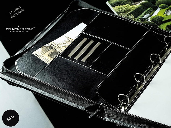DELMON VARONE - Ringbuch-Ordner DIN A4 mit Reissverschluss inkl. Schreibblock veganem Eco Kunstleder