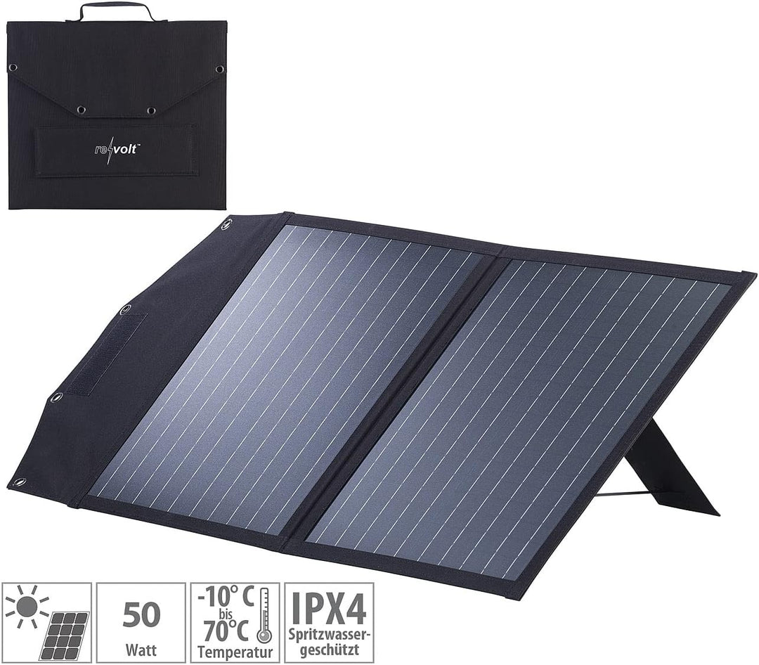 revolt Solar faltbar: Faltbares Solarpanel, 2 monokristalline Solarzellen, MC4-komp., 50 W (Faltbare