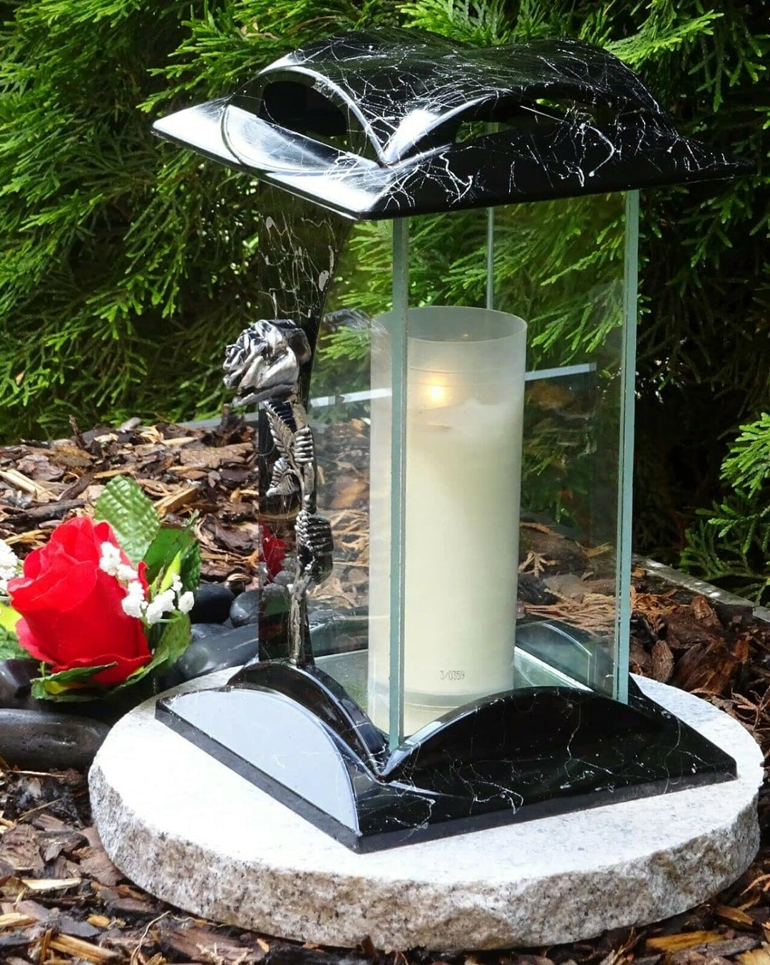 Grablampe Grablaterne Rose Silber 28,0cm incl. Grabkerze Grabschmuck Grablicht Grableuchte Lampe Lat