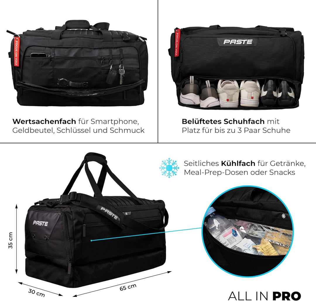 PASTE® - Premium Sporttasche 63L mit Rucksackfunktion und Kühlfunktion, Schuhfach & Nassfach Schwarz