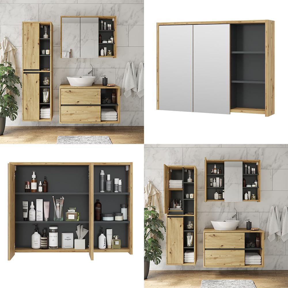 Vicco Bad Spiegelschrank Viola, Anthrazit/Eiche, 100 x 75 cm