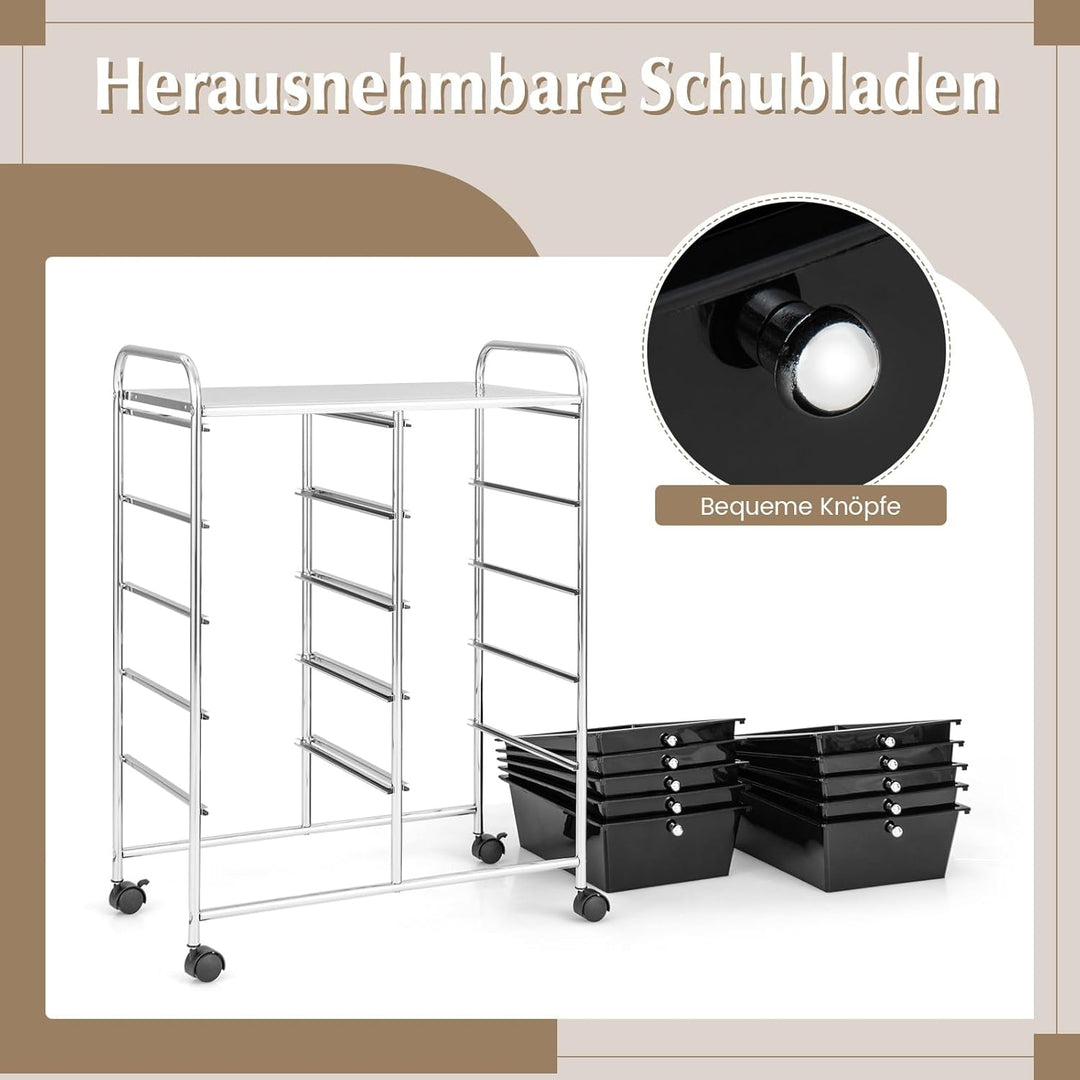 COSTWAY Rollwagen mit 10 stapelbaren Schubladen, Schubladenwagen, Rollcontainer mit Metallrahmen und