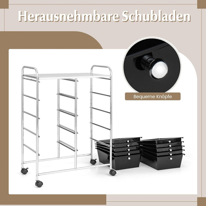 COSTWAY Rollwagen mit 10 stapelbaren Schubladen, Schubladenwagen, Rollcontainer mit Metallrahmen und