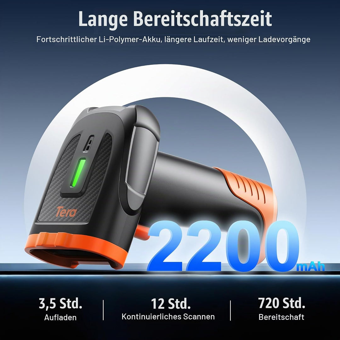 Tera 1D 2D QR Barcode Scanner Kabellos mit Bluetooth: 2200 mAh Lithium-Polymer Akku 2.4G Wireless &amp;