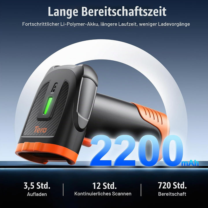 Tera 1D 2D QR Barcode Scanner Kabellos mit Bluetooth: 2200 mAh Lithium-Polymer Akku 2.4G Wireless &amp;