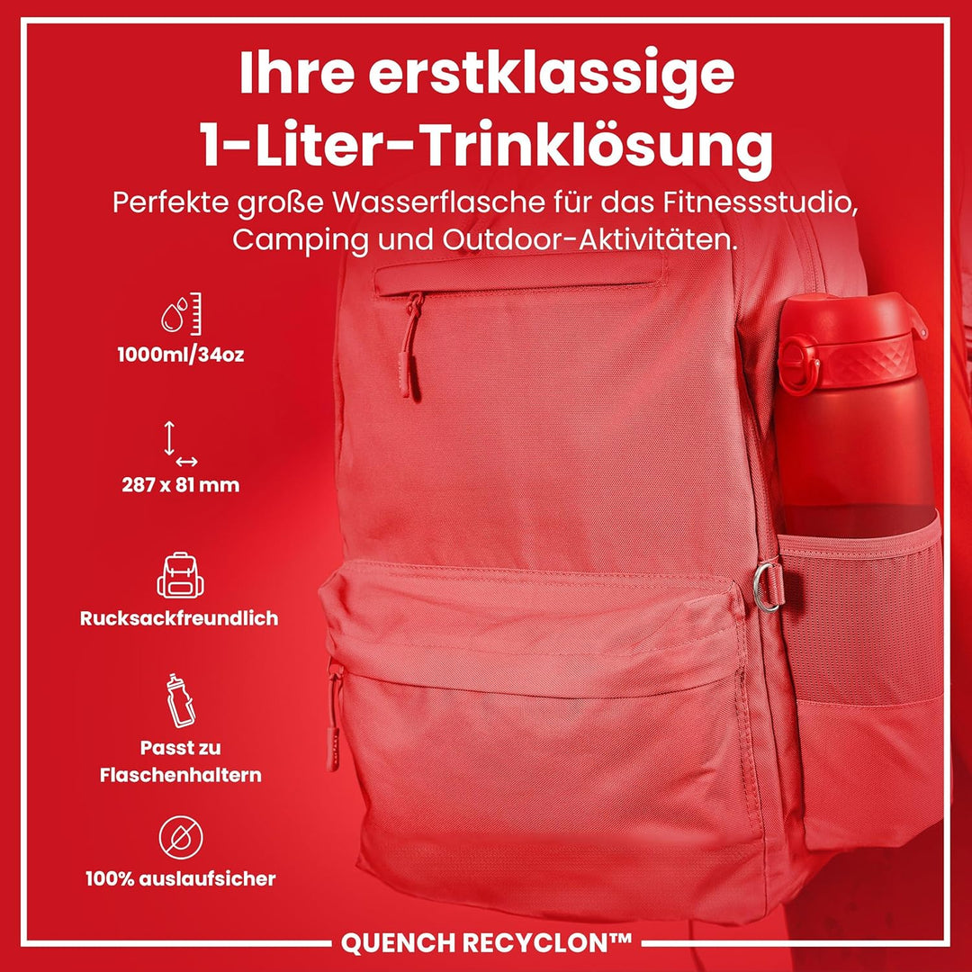 ion8 1 Liter Trinkflasche, 1000ml, Auslaufsicher, Einhandöffnung, Sichere Verriegelung, Spülmaschine