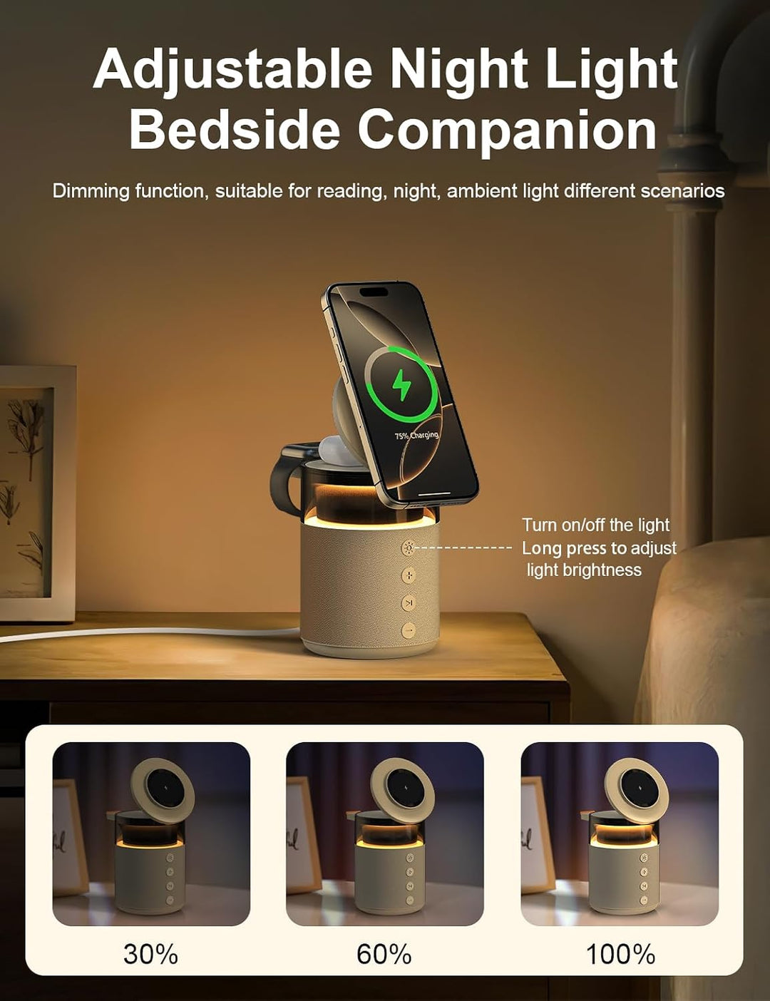 3-in-1 Bluetooth-Lautsprecher mit Nachtlicht und kabellosem Ladegerät, dimmbare Nachttischlampe mit