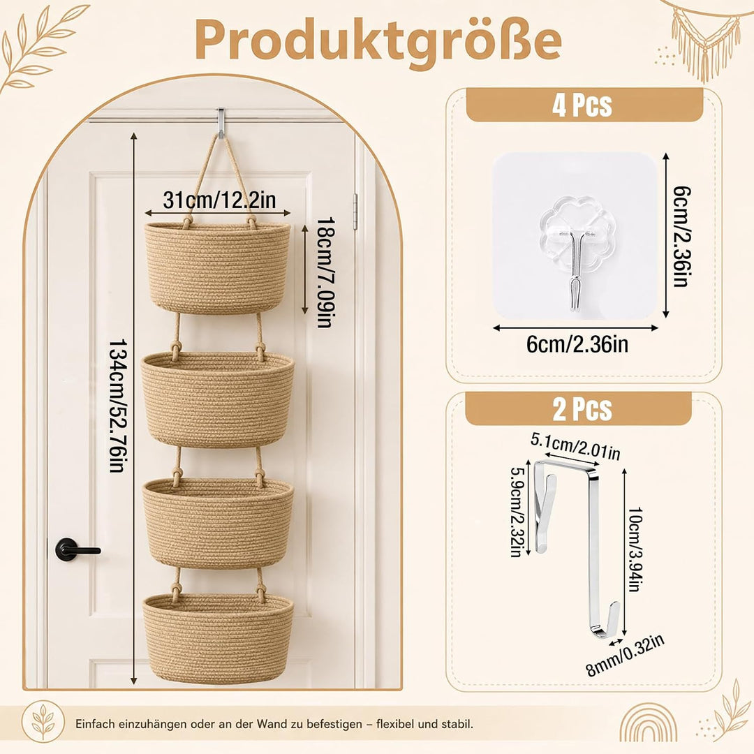 Organizer Wand Hängend Korb, 4-stöckige Baumwollseil Hängeorganizer, Boho Hängekörbe Organizer mit H