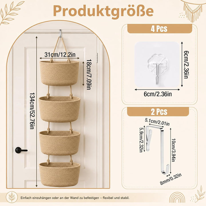 Organizer Wand Hängend Korb, 4-stöckige Baumwollseil Hängeorganizer, Boho Hängekörbe Organizer mit H