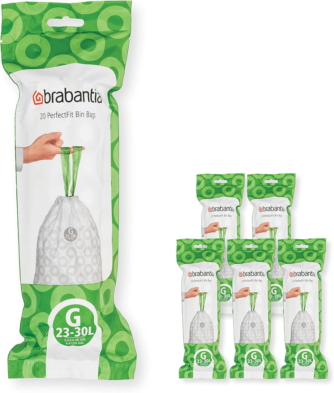 Brabantia Müllbeutel PerfectFit Multipack (Code G - 23L / 30L) Extra Starke Müllsäcke mit Zugband, 6