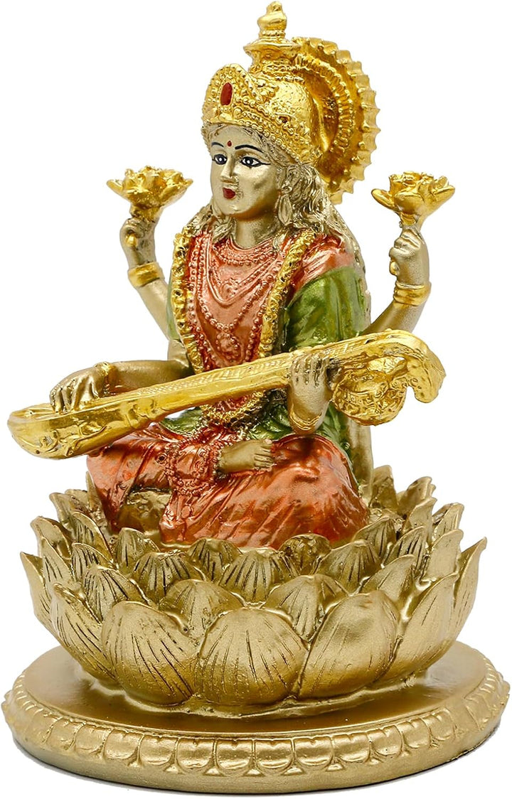 BangBangDa Hindu-Göttin Lord Saraswati Statue – Indisches Idol der Musik sitzend auf Lotus-Skulptur